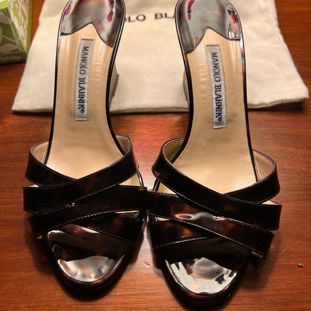 Gorgeous Manolo Blahnik tortoise sandals. Worn twice. Includes dust bag.